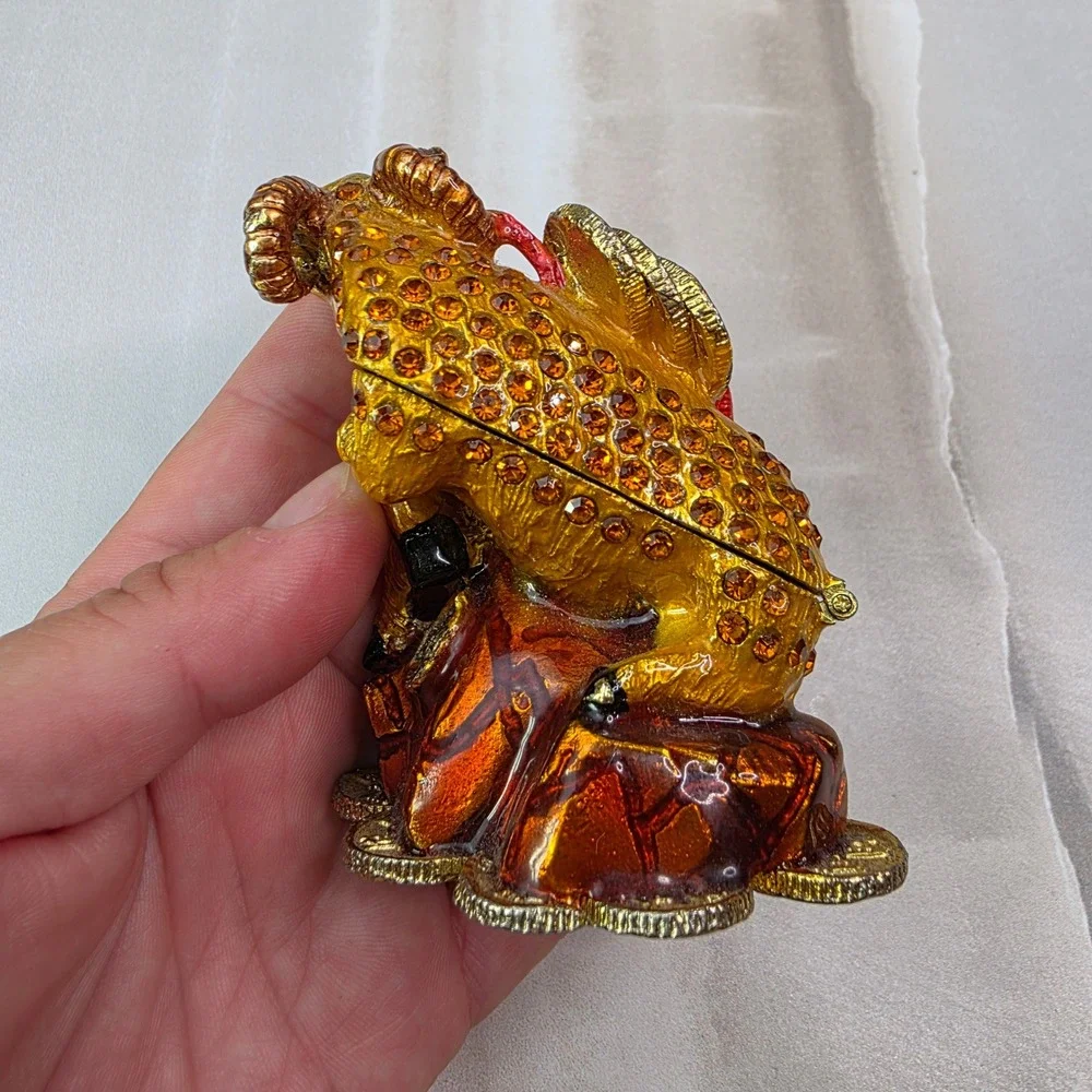 Chinese‎ Zodiac Ram Goat Trinket Box Enamel Crystal Prosperity Figurine 3.25